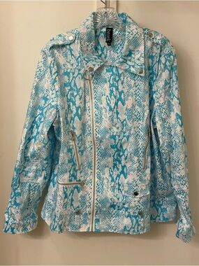 Berek Artsy White/light Blue Snakeskin Cotton Denim Moto Jacket Size XL Zip Up